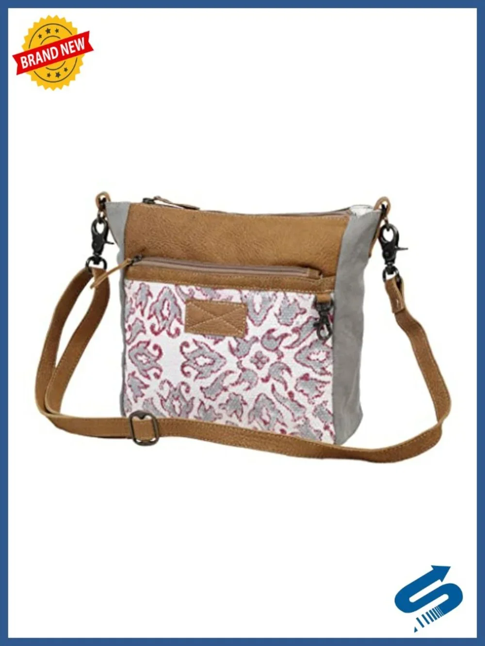 Small Crossbody Bag with Canvas and Leather, Zipper Closure
